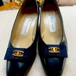Etienne Aigner Leather Cuban Heel   Navy with Gold Accent 7M Made in Spain